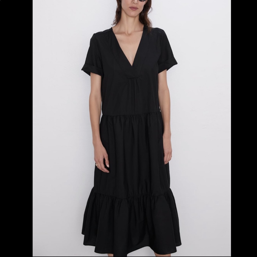 Zara Classic Black V-Neck Midi Dress